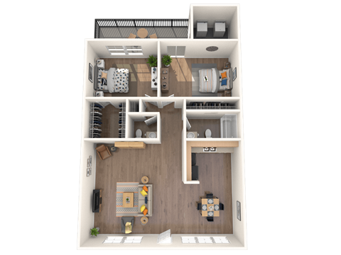 3D floorplan of a two-bedroom apartment at Coronado Springs Apartments in Palm Springs, Florida, showing an open-concept living and dining area, modern kitchen with full appliances, spacious bedroom, bathroom, and private patio or balcony
